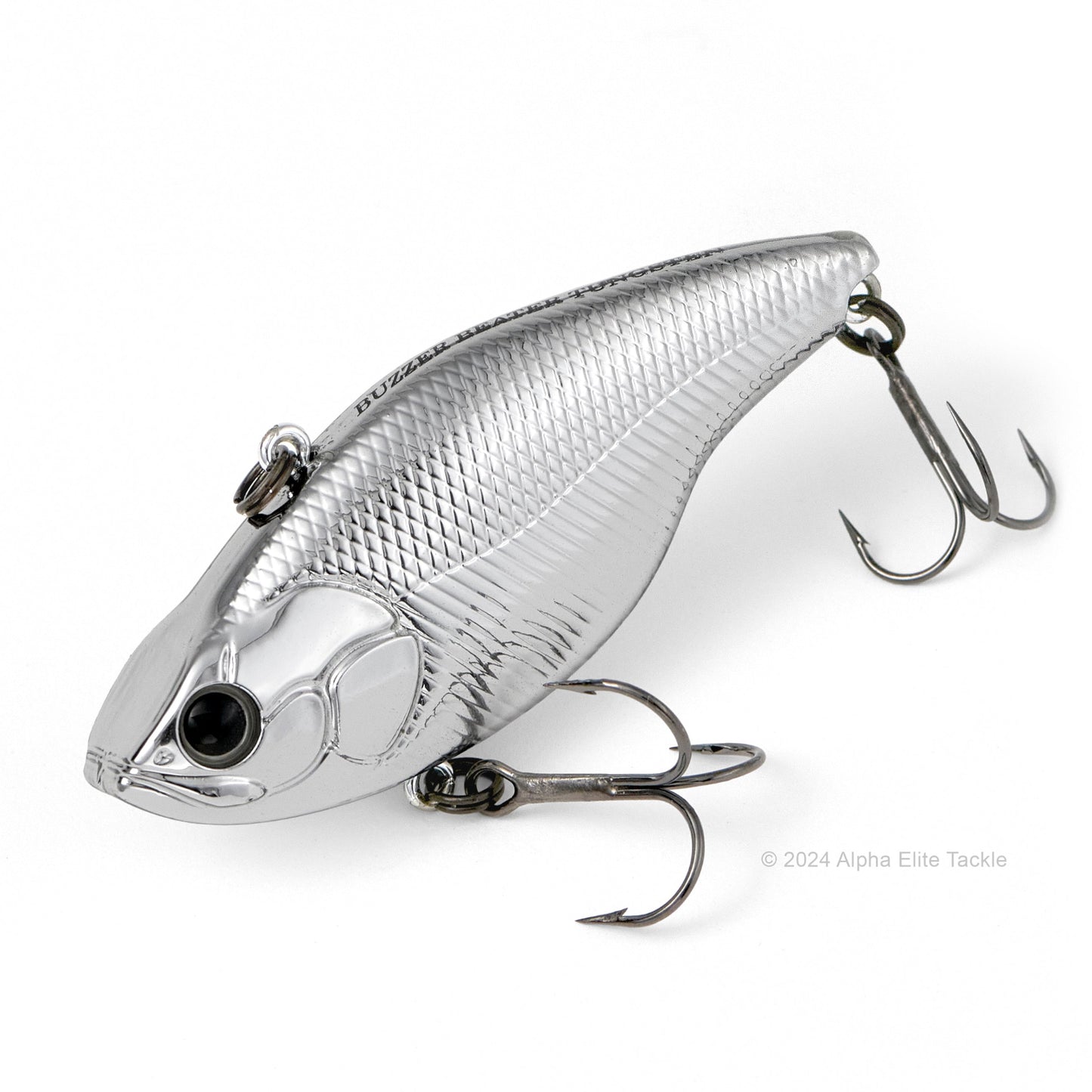 Close up of the Evergreen Buzzer Beater Tungsten Lipless Crankbait fishing lure in the color Full Metal on a white background