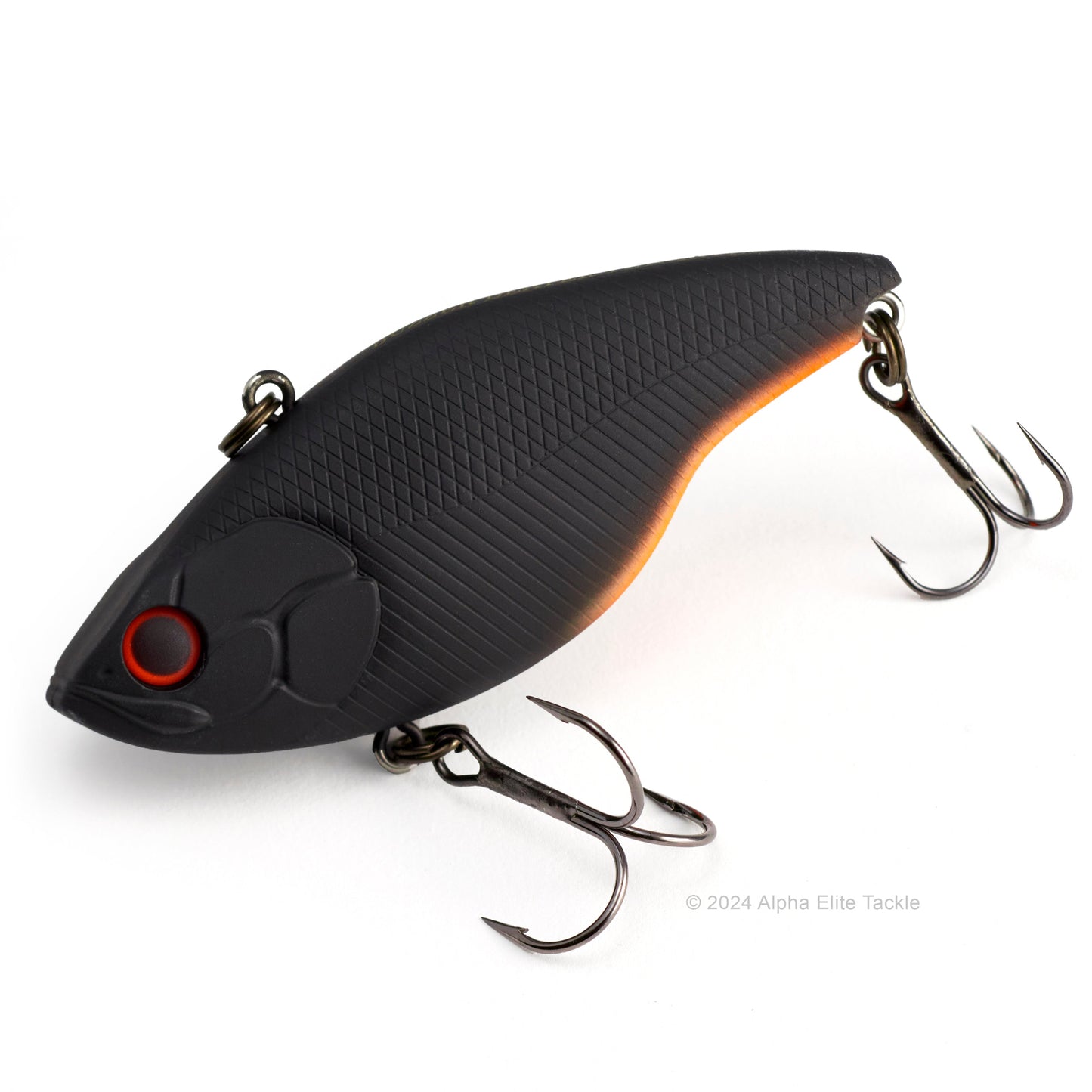 Close up of the Evergreen Buzzer Beater Tungsten Lipless Crankbait fishing lure in the color Nightmare Power Black on a white background
