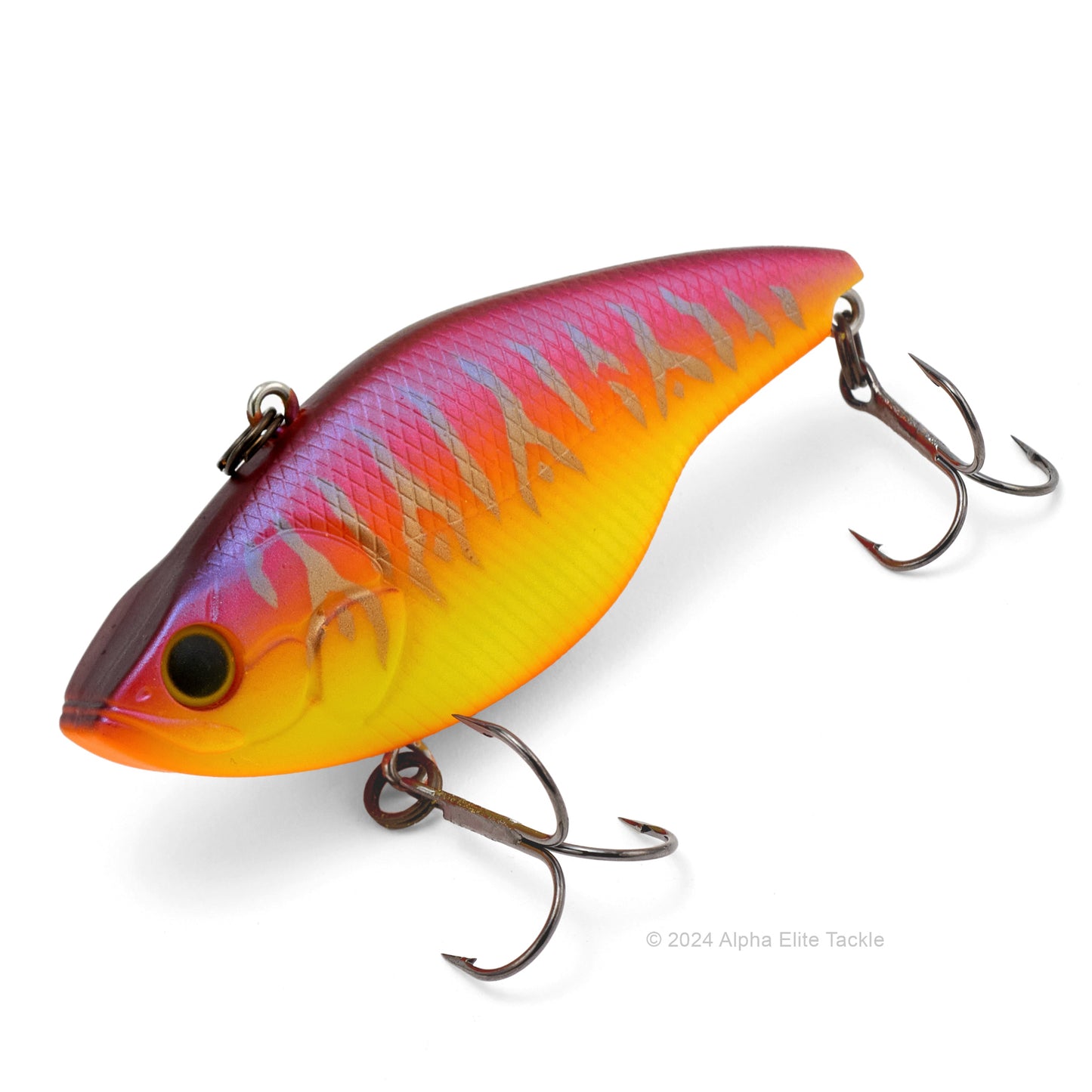 Close up of the Evergreen Buzzer Beater Tungsten Lipless Crankbait fishing lure in the color Mat Red Hot Tiger on a white background