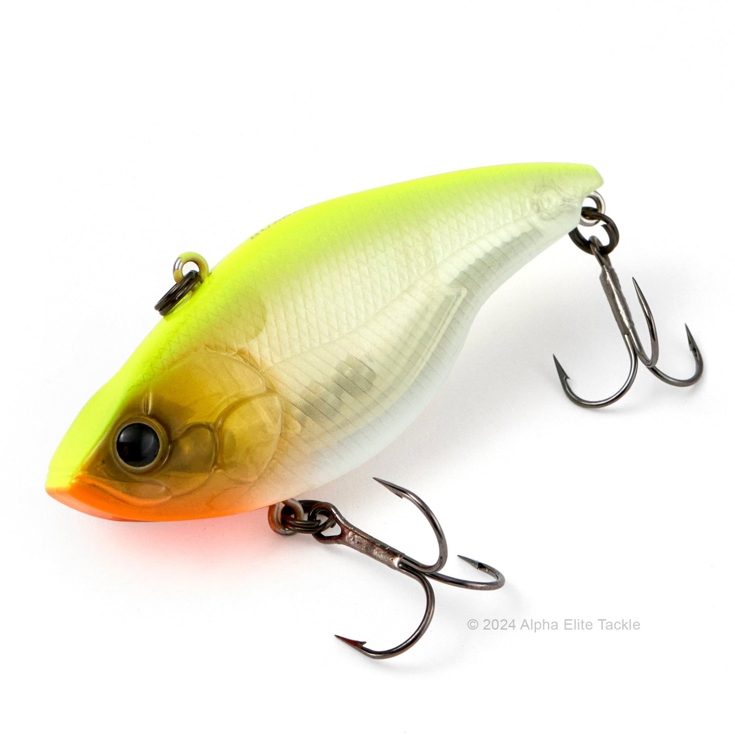 Close up of the Evergreen Buzzer Beater Tungsten Lipless Crankbait fishing lure in the color Skeleton Chart on a white background
