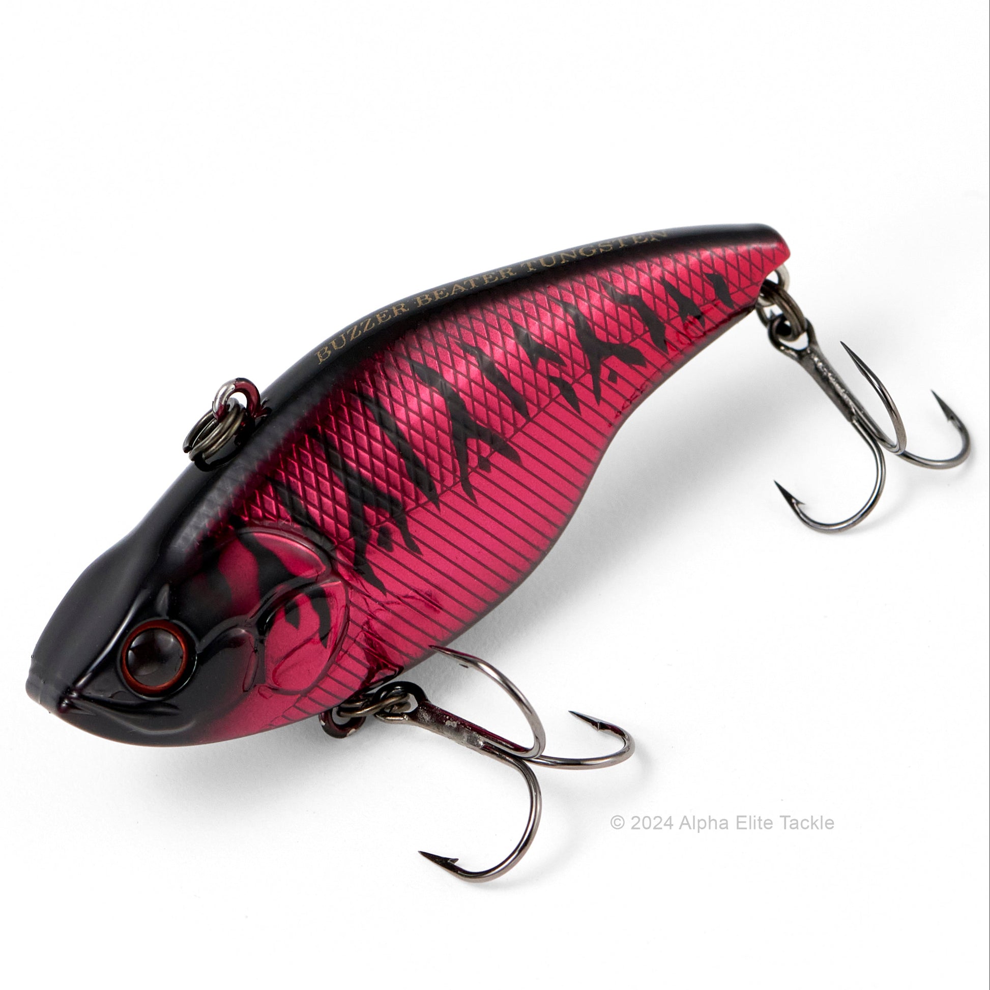 Close up of the Evergreen Buzzer Beater Tungsten Lipless Crankbait fishing lure in the color Spring Red on a white background