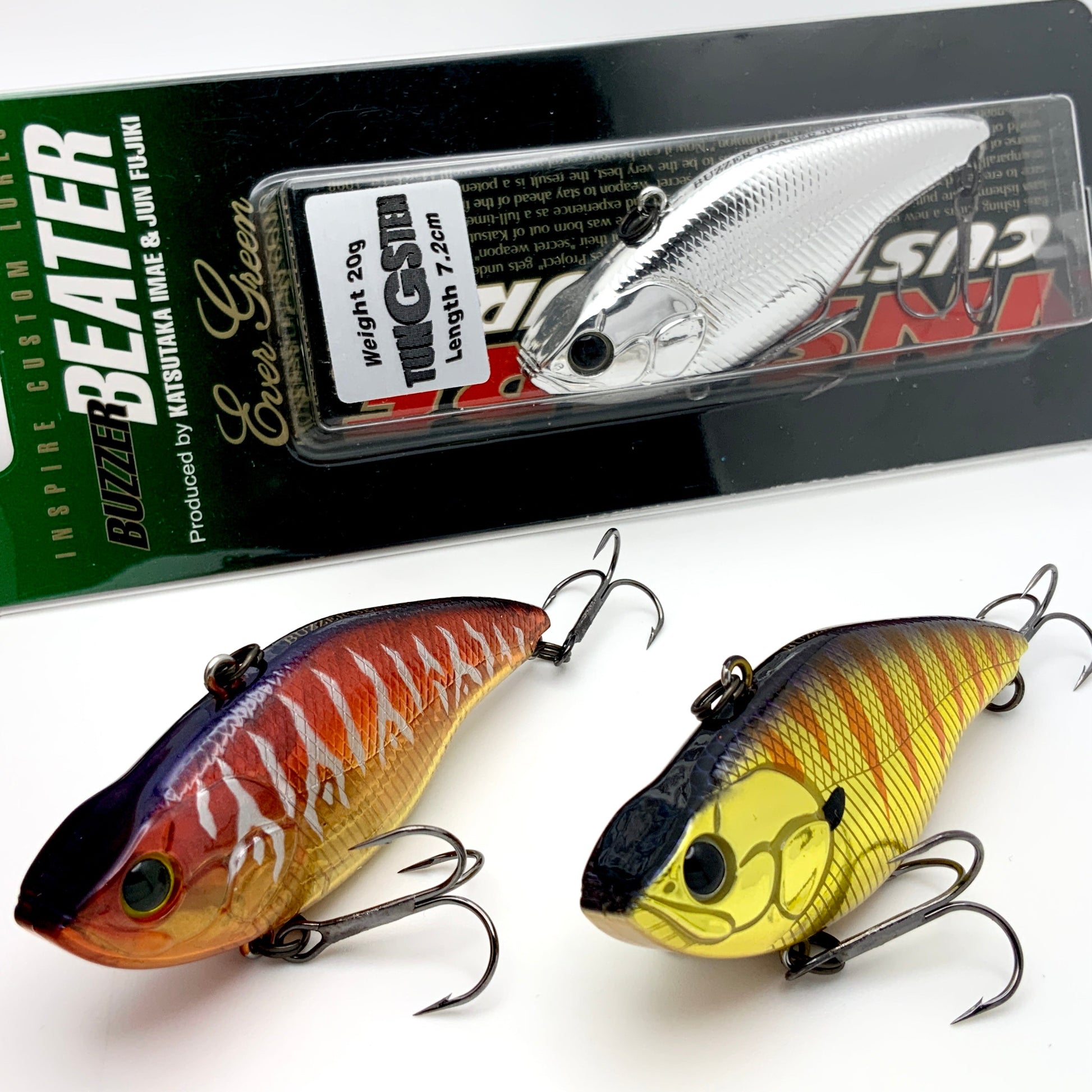 Two colorful fishing lures with packaging in the background