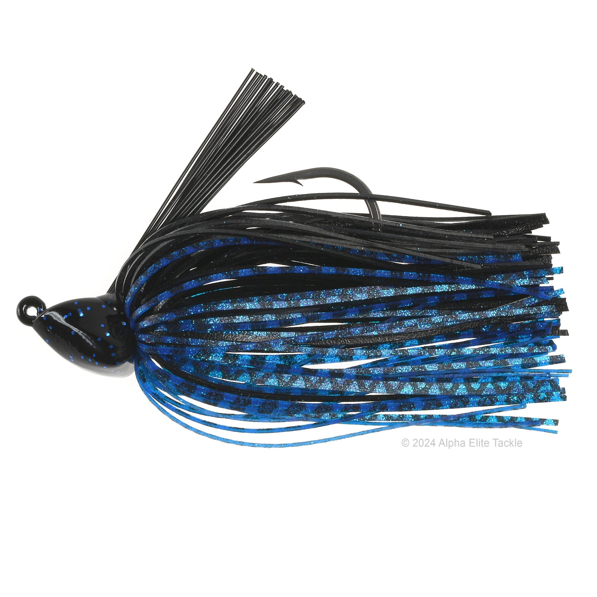 Close up of one Evergreen Grass Ripper Jig in the color Black Blue on a white background.