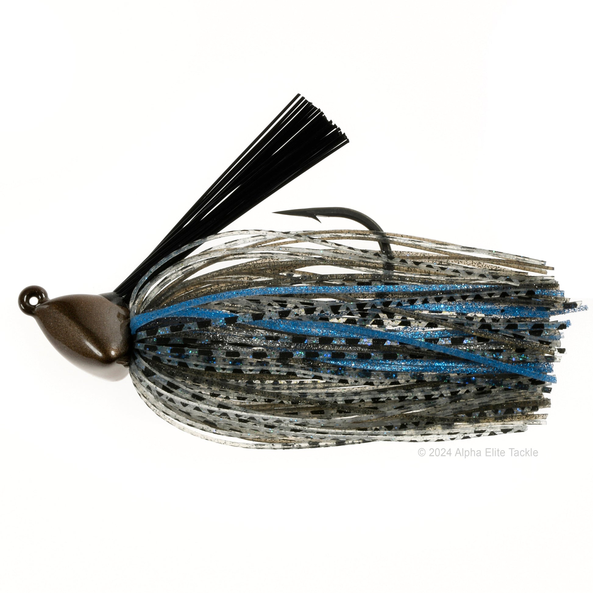 Close up of one Evergreen Grass Ripper Jig in the color Bluegill on a white background.