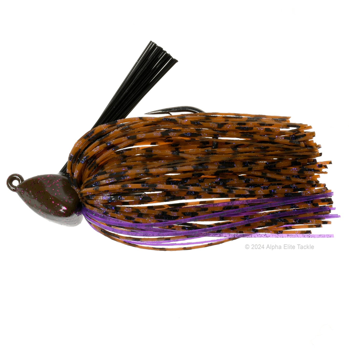 Close up of one Evergreen Grass Ripper Jig in the color Brown Purple on a white background.