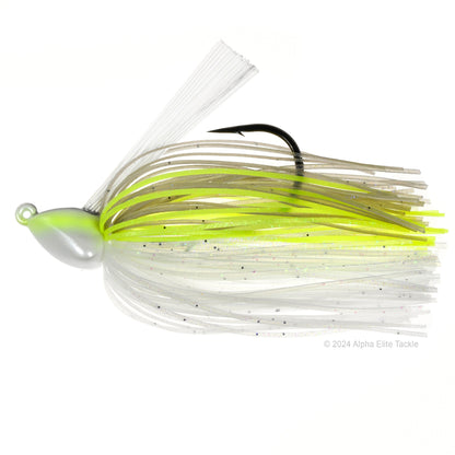 Close up of one Evergreen Grass Ripper Jig in the color Chartreuse Shad on a white background.