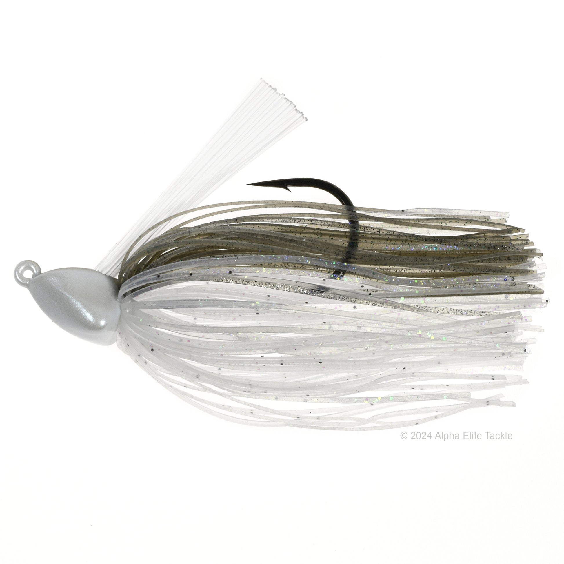 Close up of one Evergreen Grass Ripper Jig in the color Clearwater Shad on a white background.