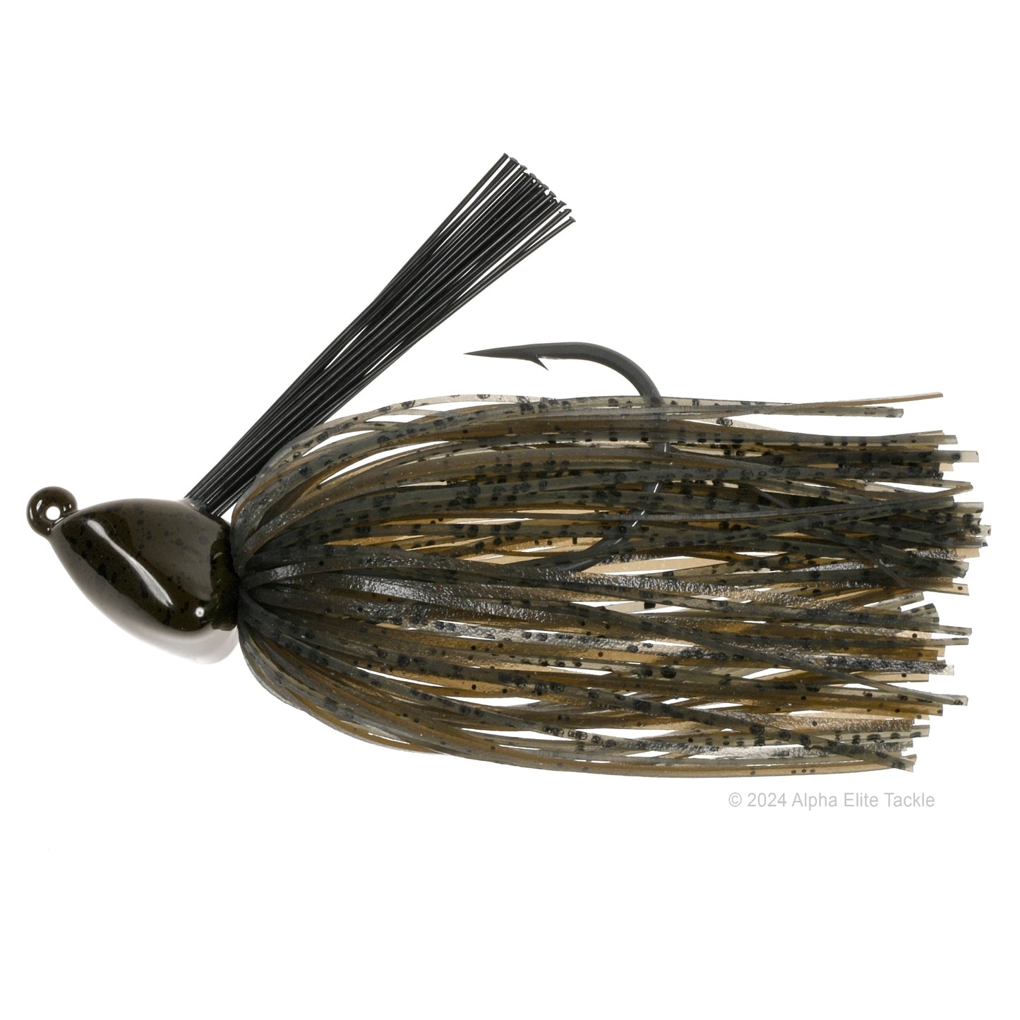 Close up of one Evergreen Grass Ripper Jig in the color Dark Green Pumpkin on a white background.