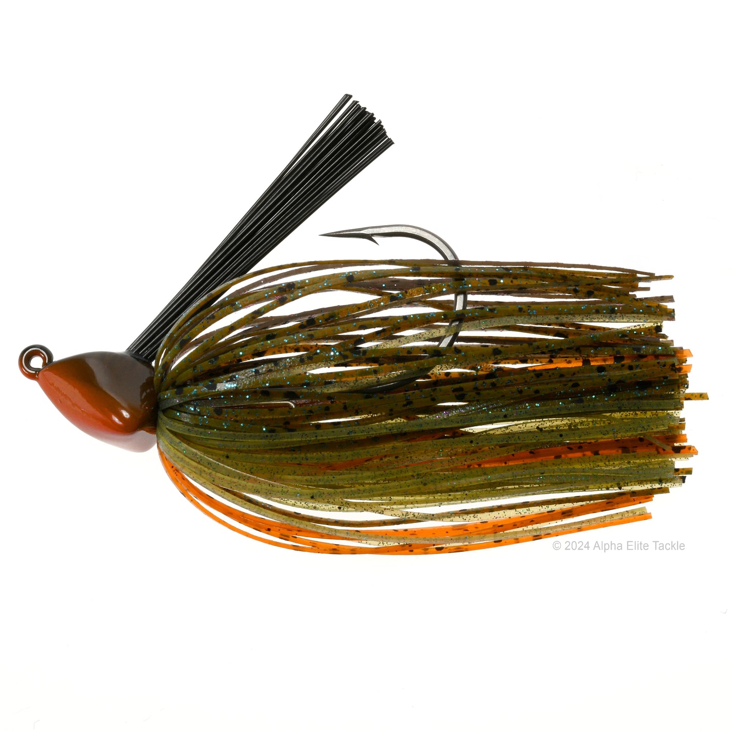 Close up of one Evergreen Grass Ripper Jig in the color Grass Gill on a white background.