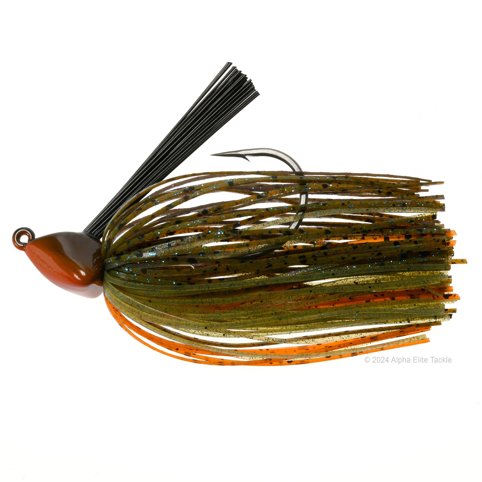 Close up of one Evergreen Grass Ripper Jig in the color Grass Gill on a white background.