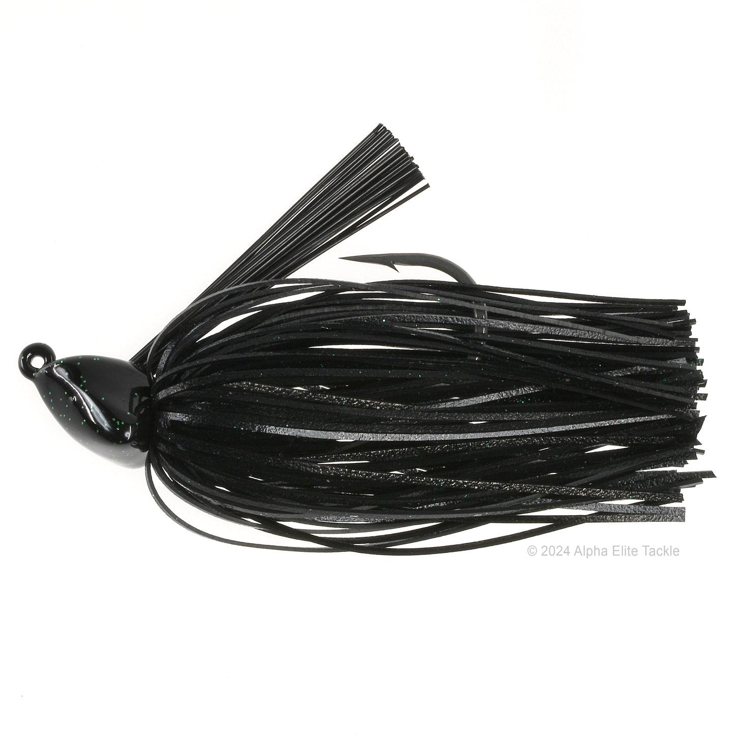 Close up of one Evergreen Grass Ripper Jig in the color Kikumoto Black on a white background.