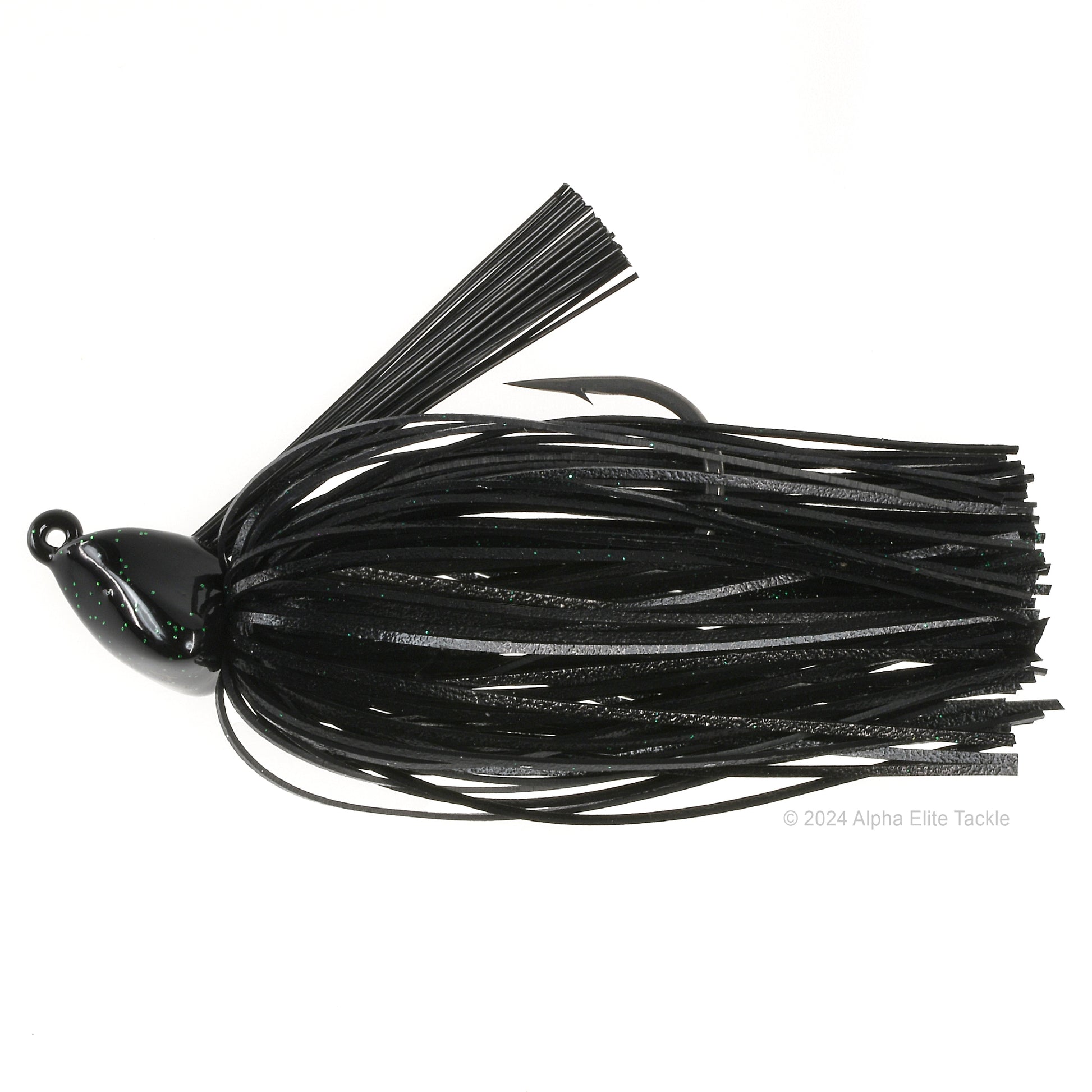 Close up of one Evergreen Grass Ripper Jig in the color Kikumoto Black on a white background.