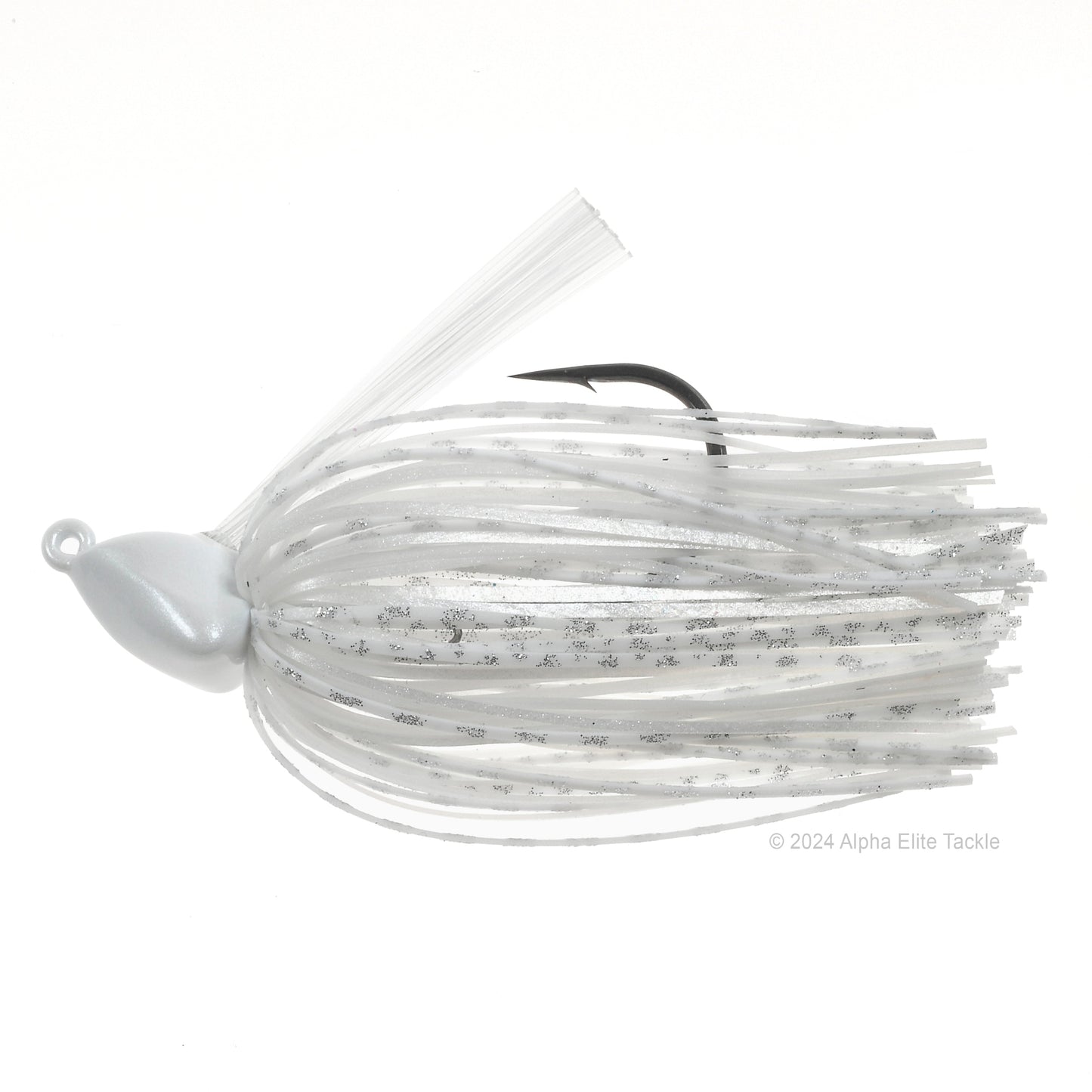 Close up of one Evergreen Grass Ripper Jig in the color Pearl White on a white background.