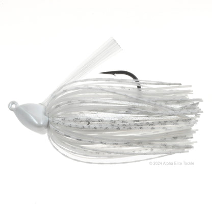 Close up of one Evergreen Grass Ripper Jig in the color Pearl White on a white background.