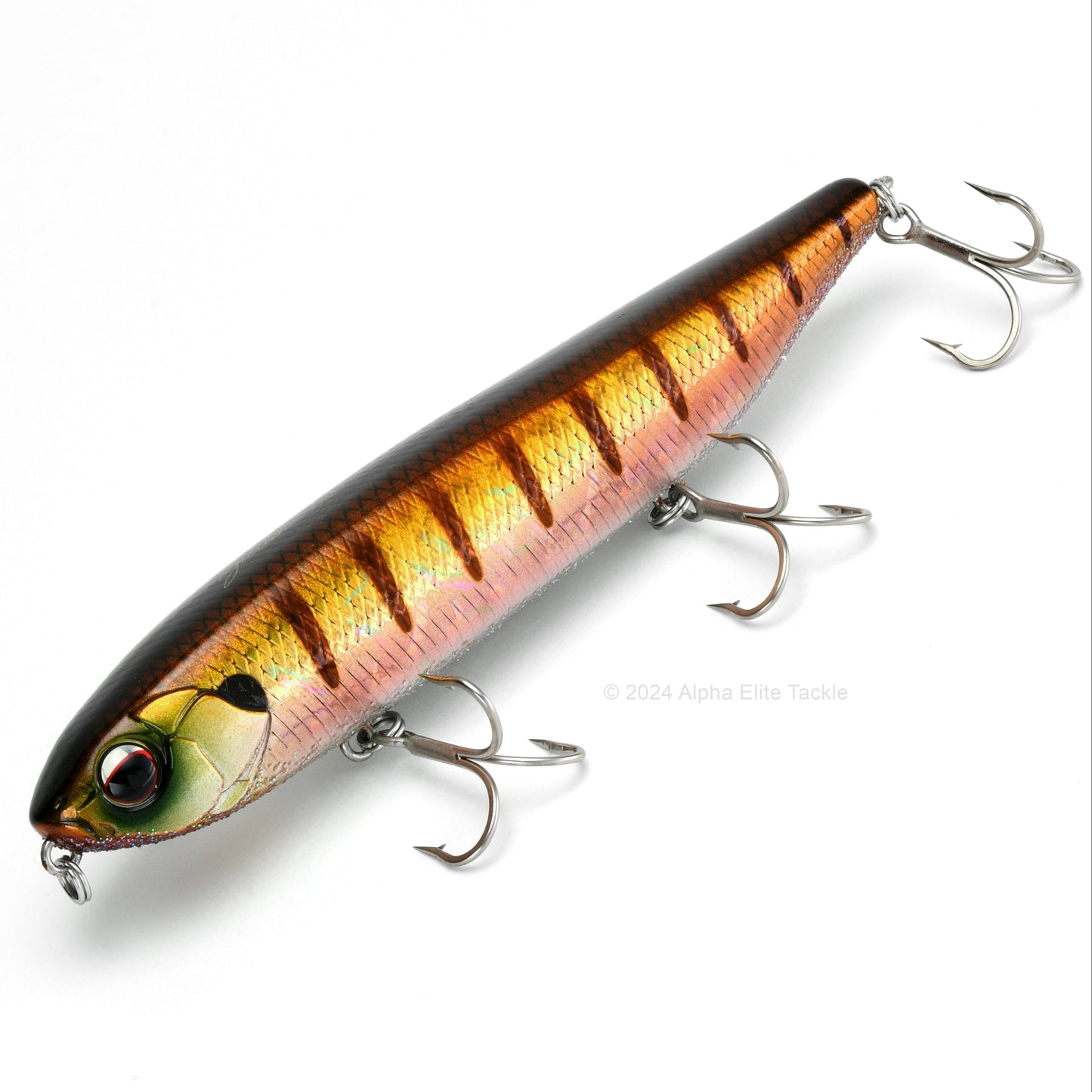 Close up of the Evergreen Justine Combat Pencil Topwater in the color Baby Gill on a white background