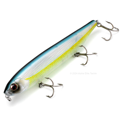 Close up of the Evergreen Justine Combat Pencil Topwater in the color Blue Back Herring on a white background