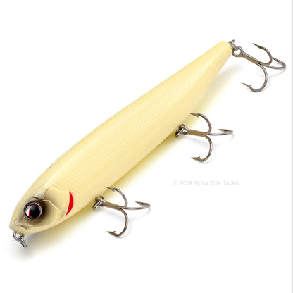 Close up of the Evergreen Justine Combat Pencil Topwater in the color Bone on a white background