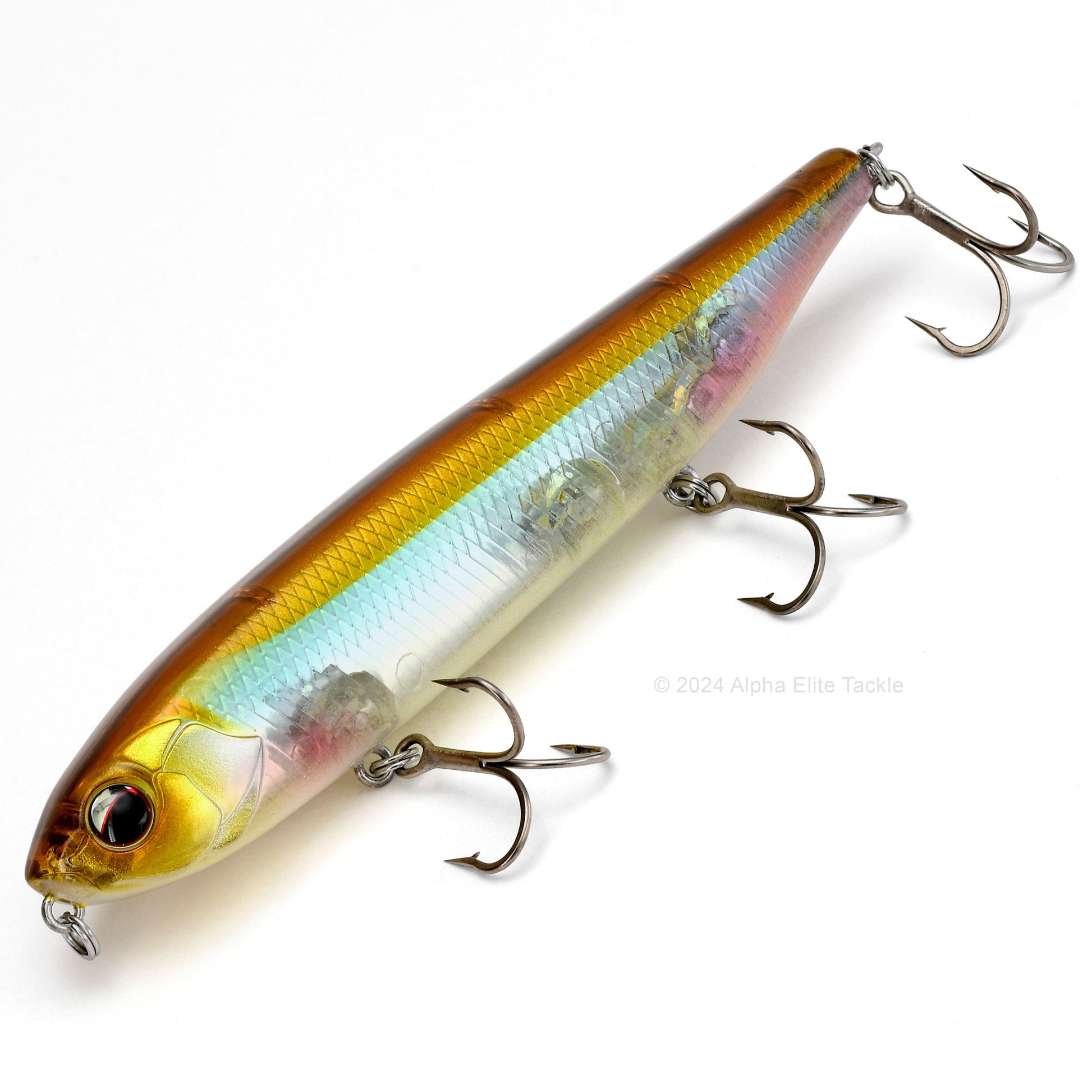 Close up of the Evergreen Justine Combat Pencil Topwater in the color Flash Wakasagi on a white background