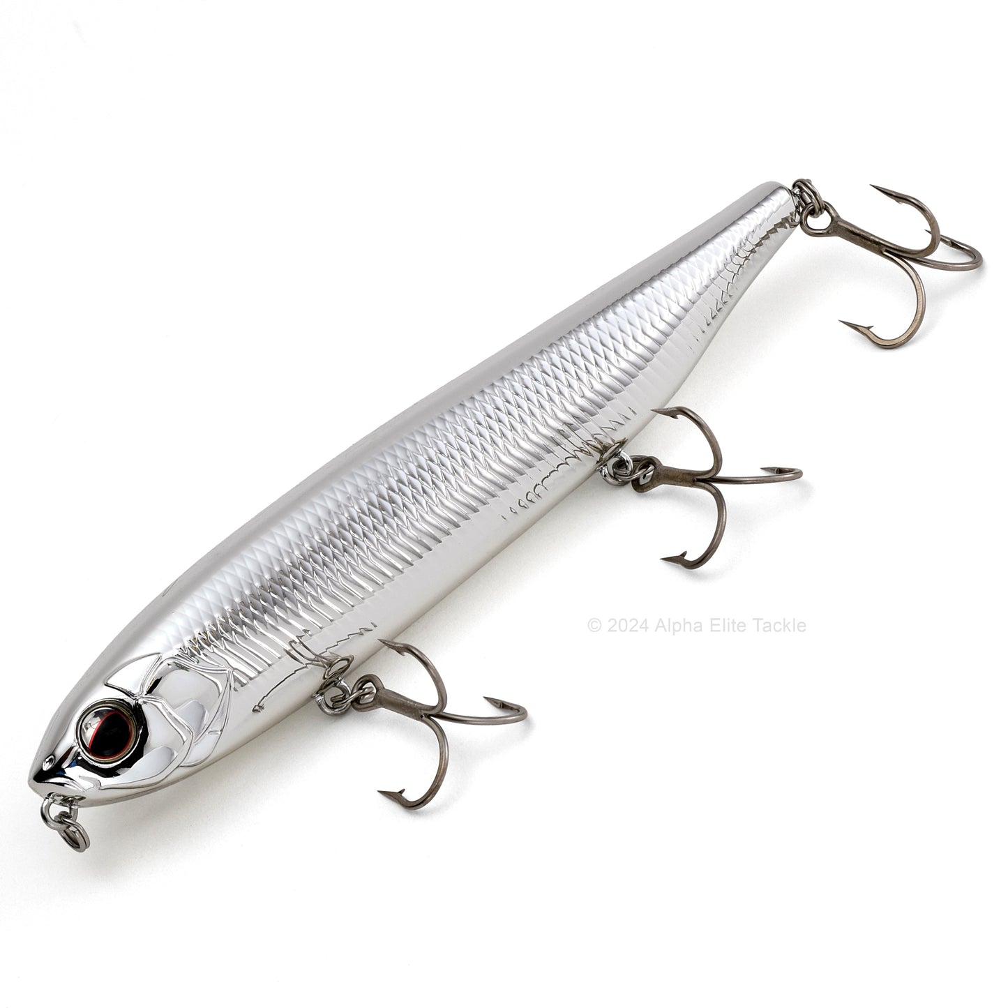 Close up of the Evergreen Justine Combat Pencil Topwater in the color Full Metal on a white background