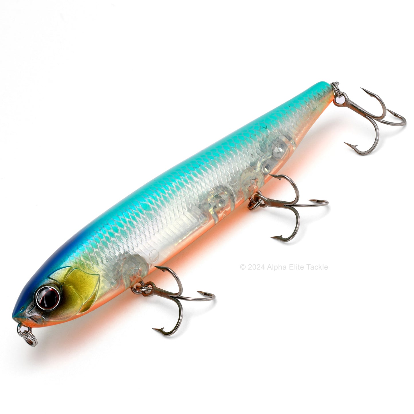 Close up of the Evergreen Justine Combat Pencil Topwater in the color Hitman Blue on a white background