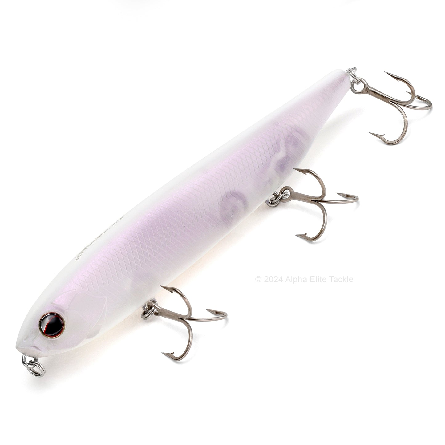 Close up of the Evergreen Justine Combat Pencil Topwater in the color Matte Shad on a white background