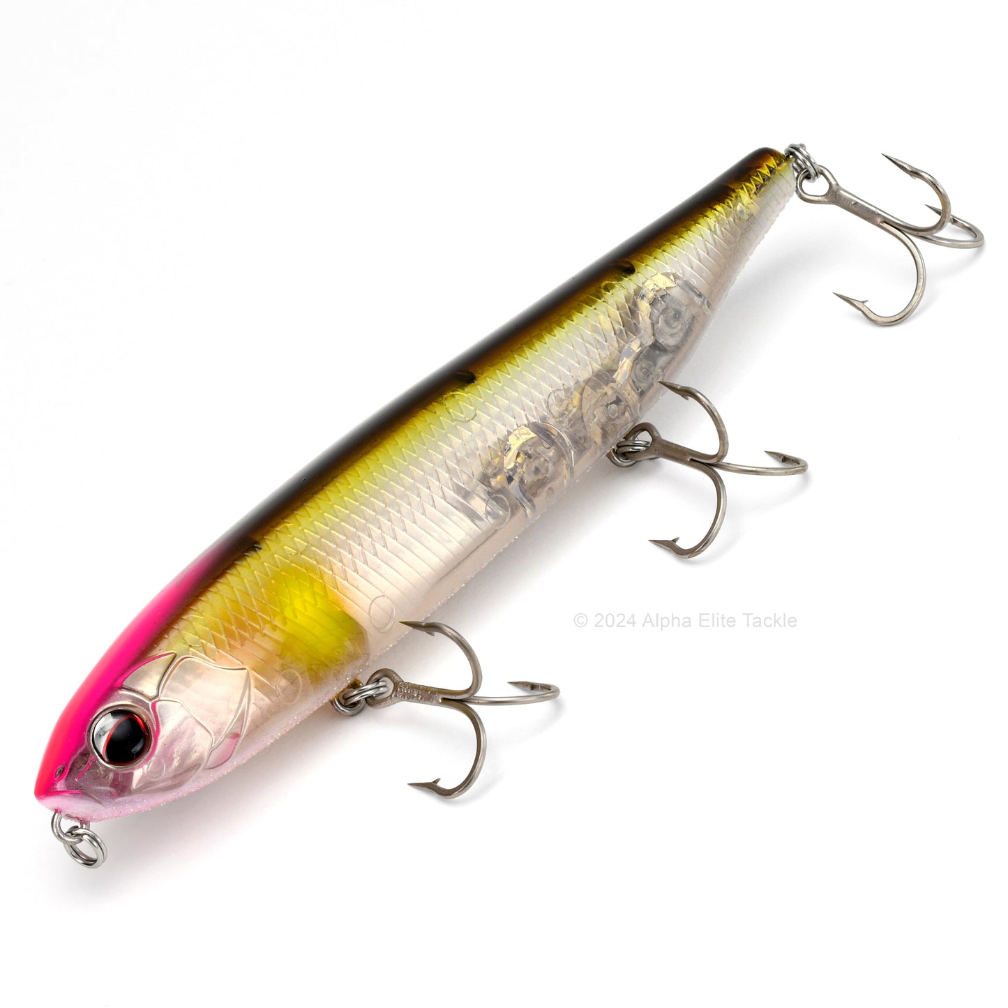Close up of the Evergreen Justine Combat Pencil Topwater in the color Pink Head Flash on a white background