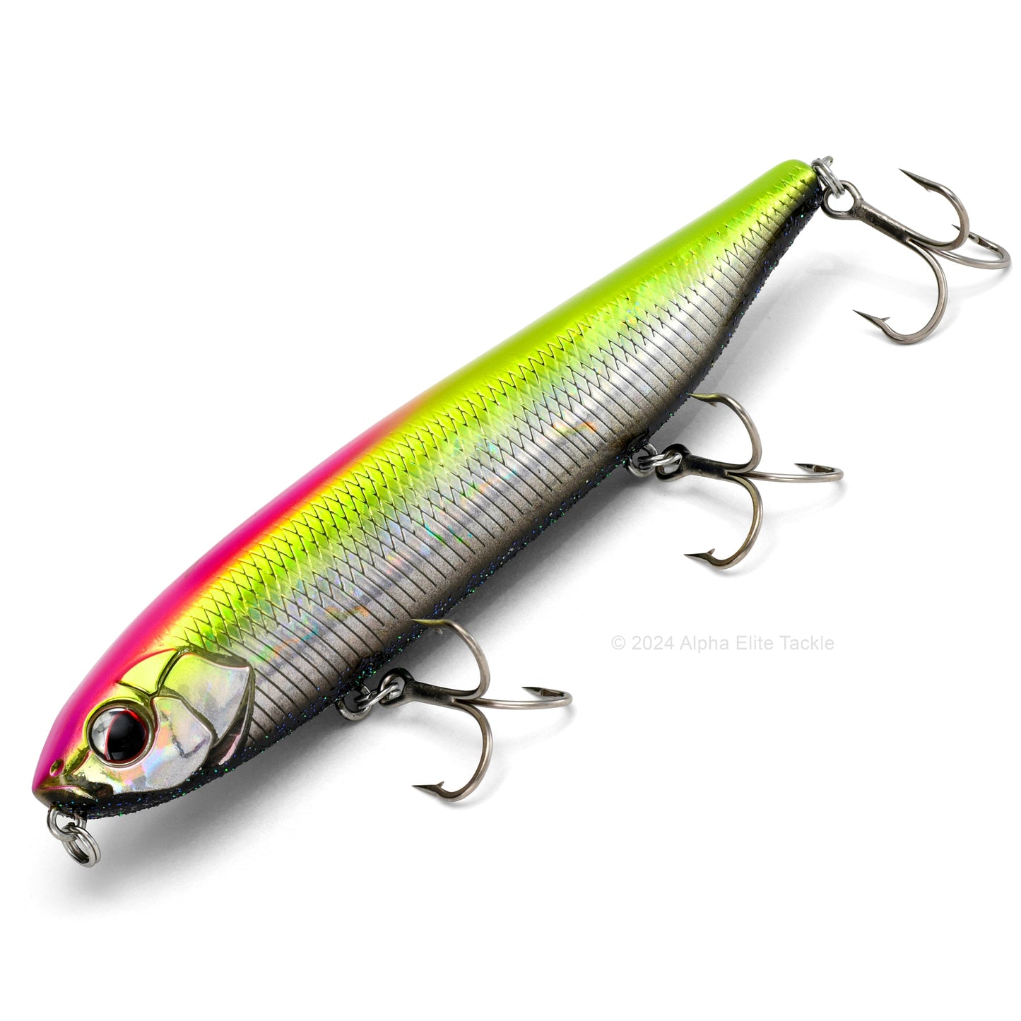 Close up of the Evergreen Justine Combat Pencil Topwater in the color Site Flash on a white background