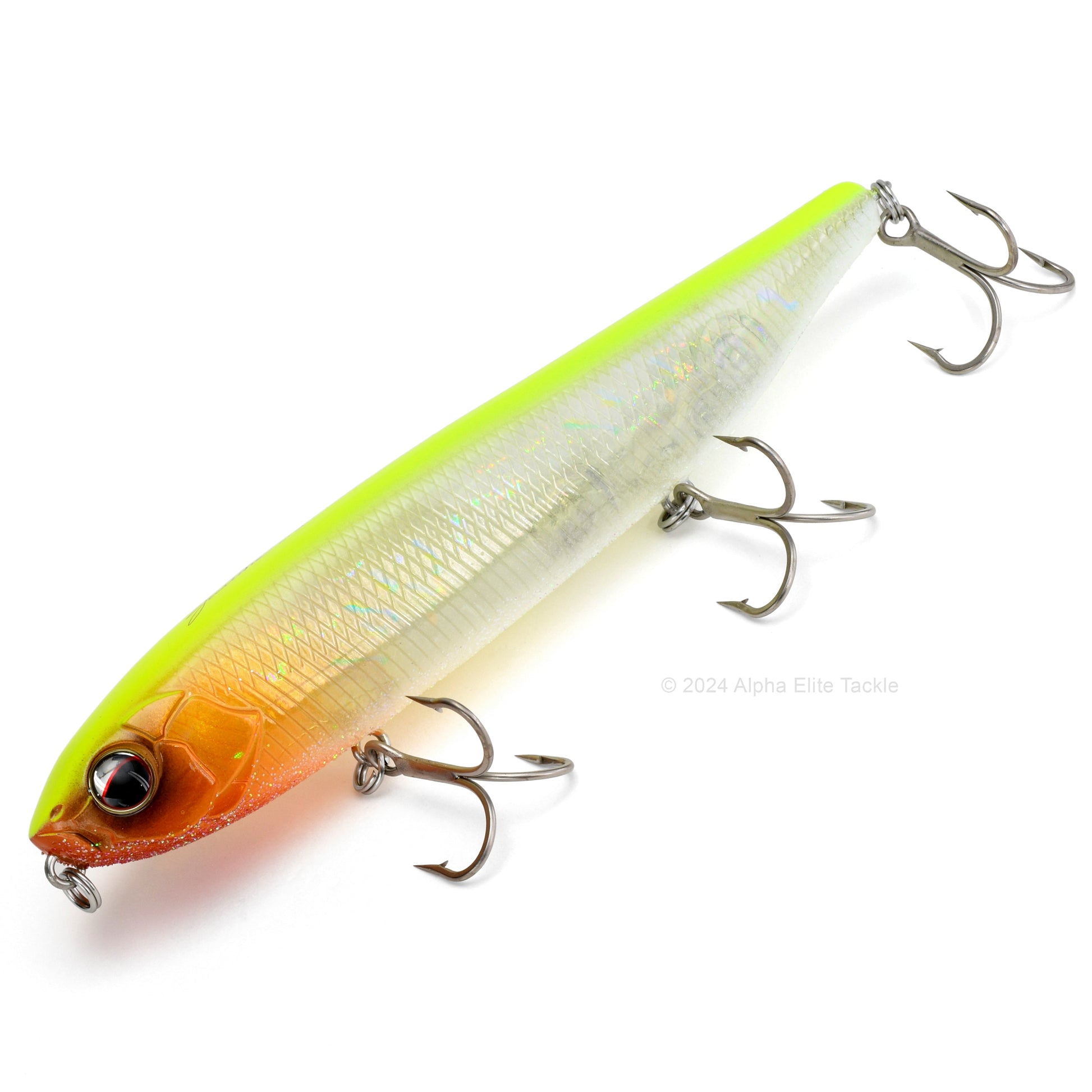 Close up of the Evergreen Justine Combat Pencil Topwater in the color Skeleton Chart on a white background