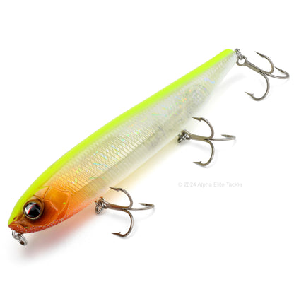 Close up of the Evergreen Justine Combat Pencil Topwater in the color Skeleton Chart on a white background