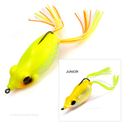 Close up of the Evergreen Kicker Hollow Body Frog in the color Big Bite Chart on a white background