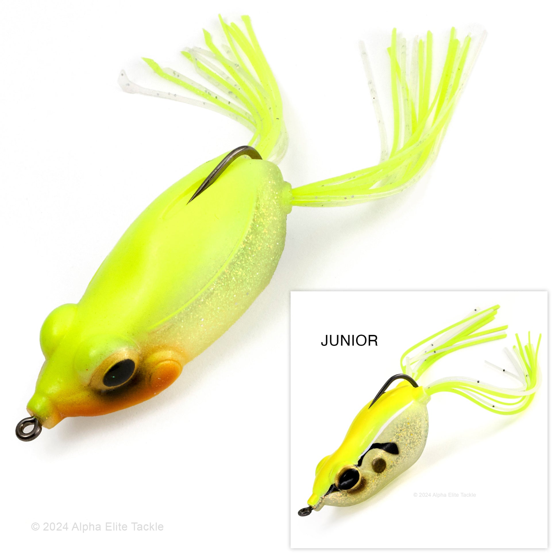 Close up of the Evergreen Kicker Hollow Body Frog in the color Skeleton Chart on a white background
