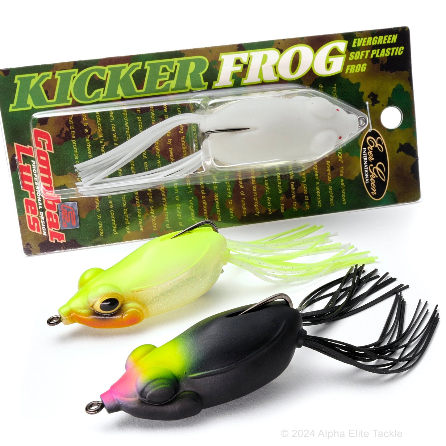 One Evergreen Kicker Hollow body Frog in a package and two out of package on a white background