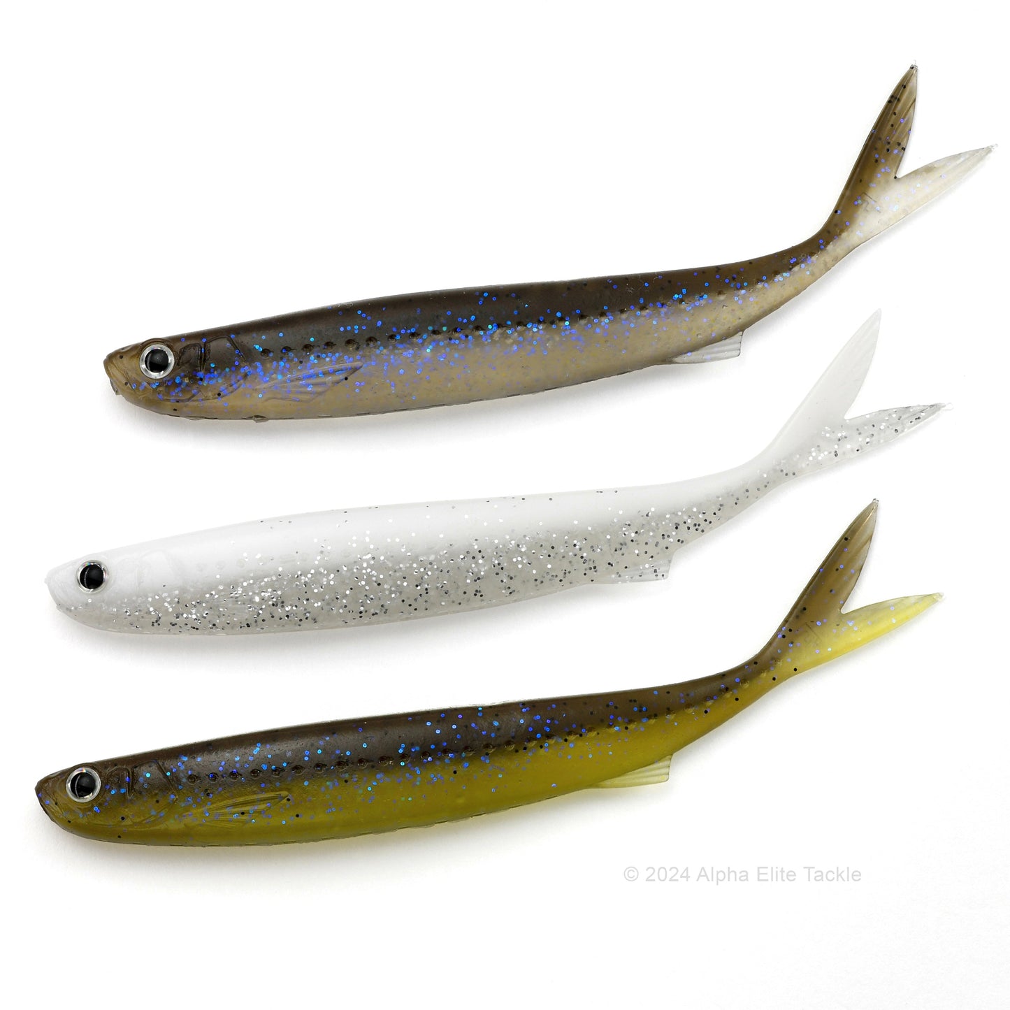 Close up of three Evergreen Last Ace 128S Strolling Minnows on a white background.