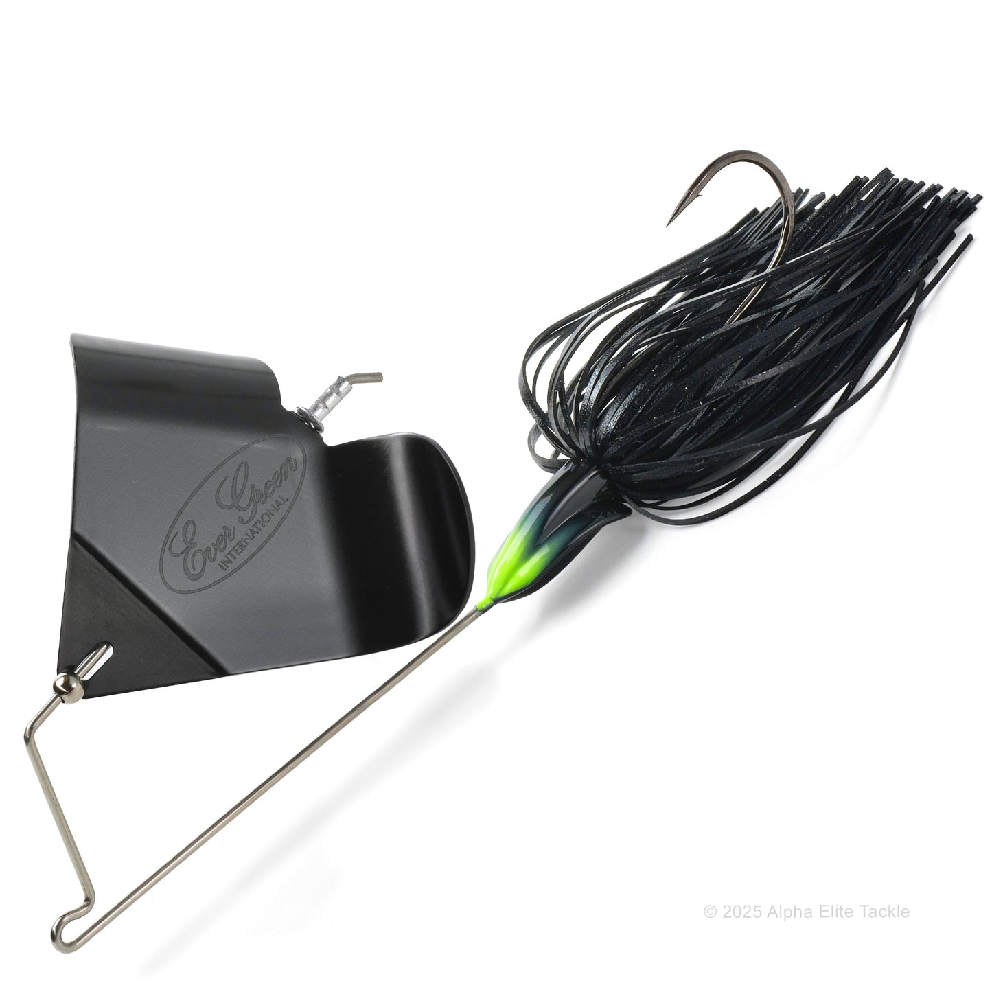 Photo of the Evergreen Loud Buzz Buzzbait in the color black with a black blade on a white background