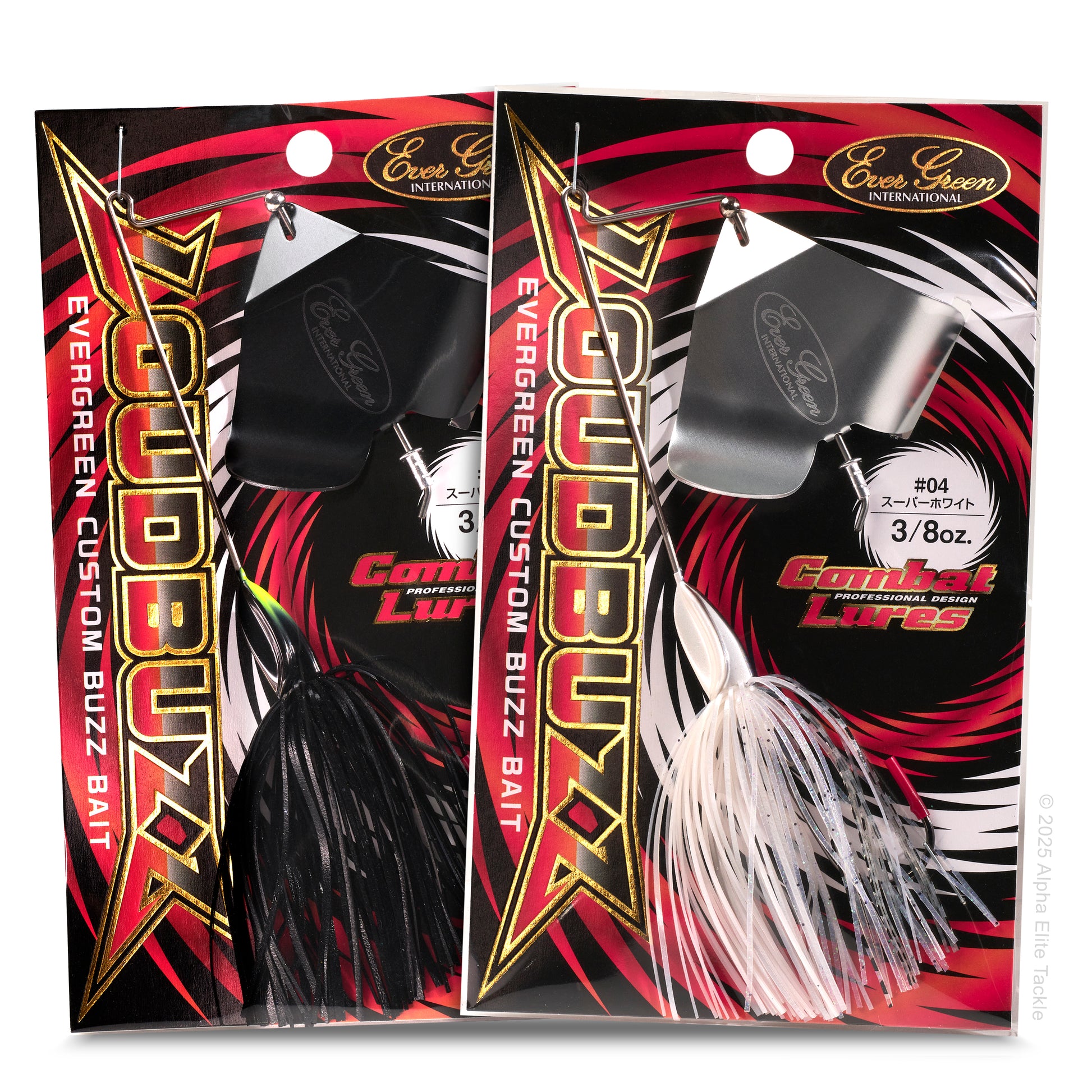 Close up of two Evergreen Loud Buzz Buzzbaits in package on a white background