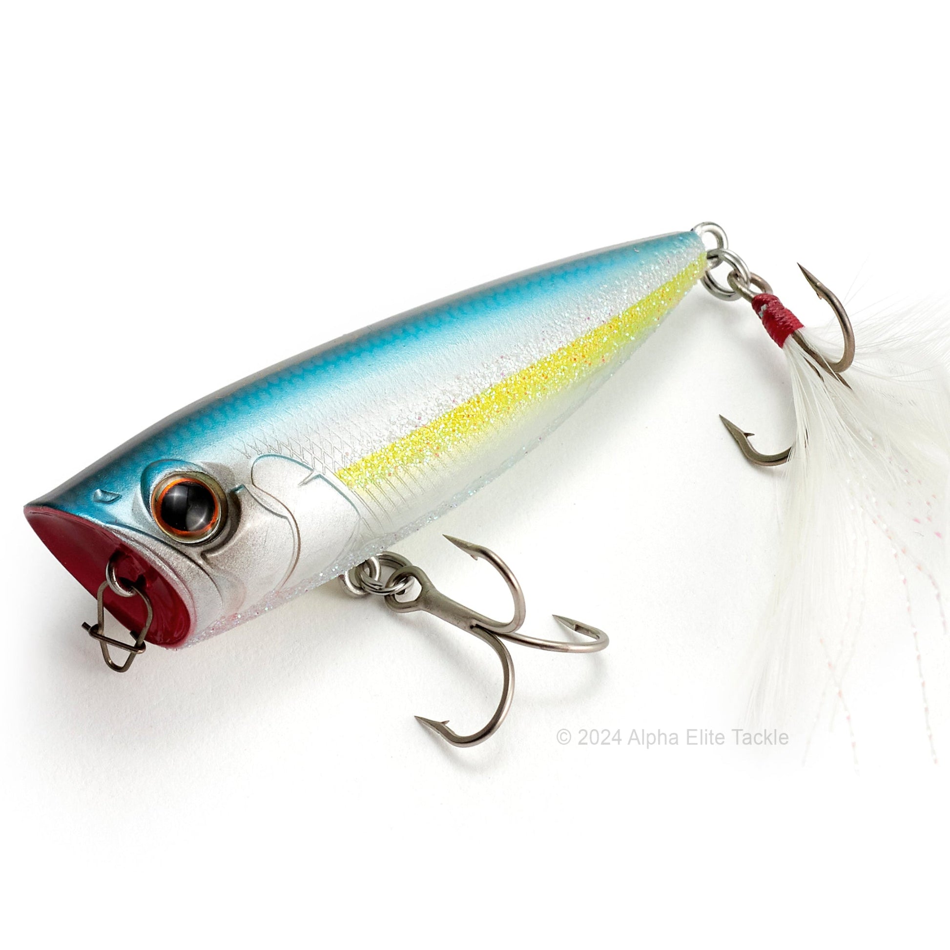 Close up of the Evergreen Ones Bug OB-68 Topwater Popper in the color Blue Back Herring on a white background