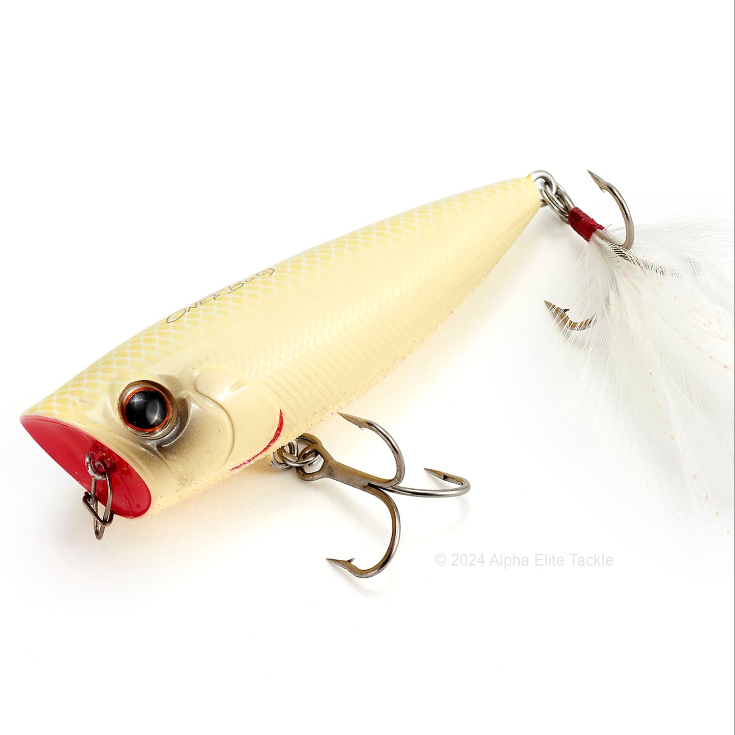 Close up of the Evergreen Ones Bug OB-68 Topwater Popper in the color Bone on a white background