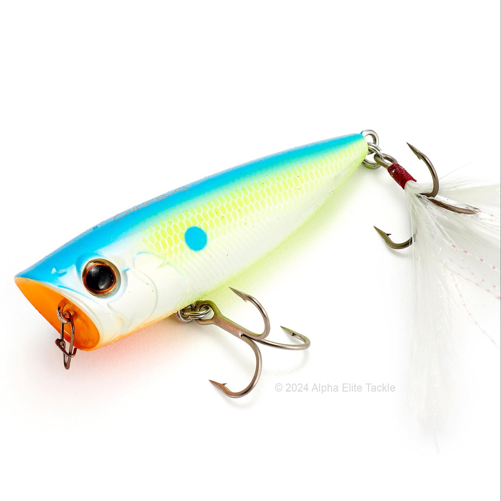 Close up of the Evergreen Ones Bug OB-68 Topwater Popper in the color Champion Shad on a white background