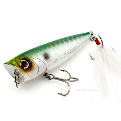 Close up of the Evergreen Ones Bug OB-68 Topwater Popper in the color Emerald Shiner on a white background