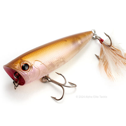 Close up of the Evergreen Ones Bug OB-68 Topwater Popper in the color Flash Wakasagi on a white background