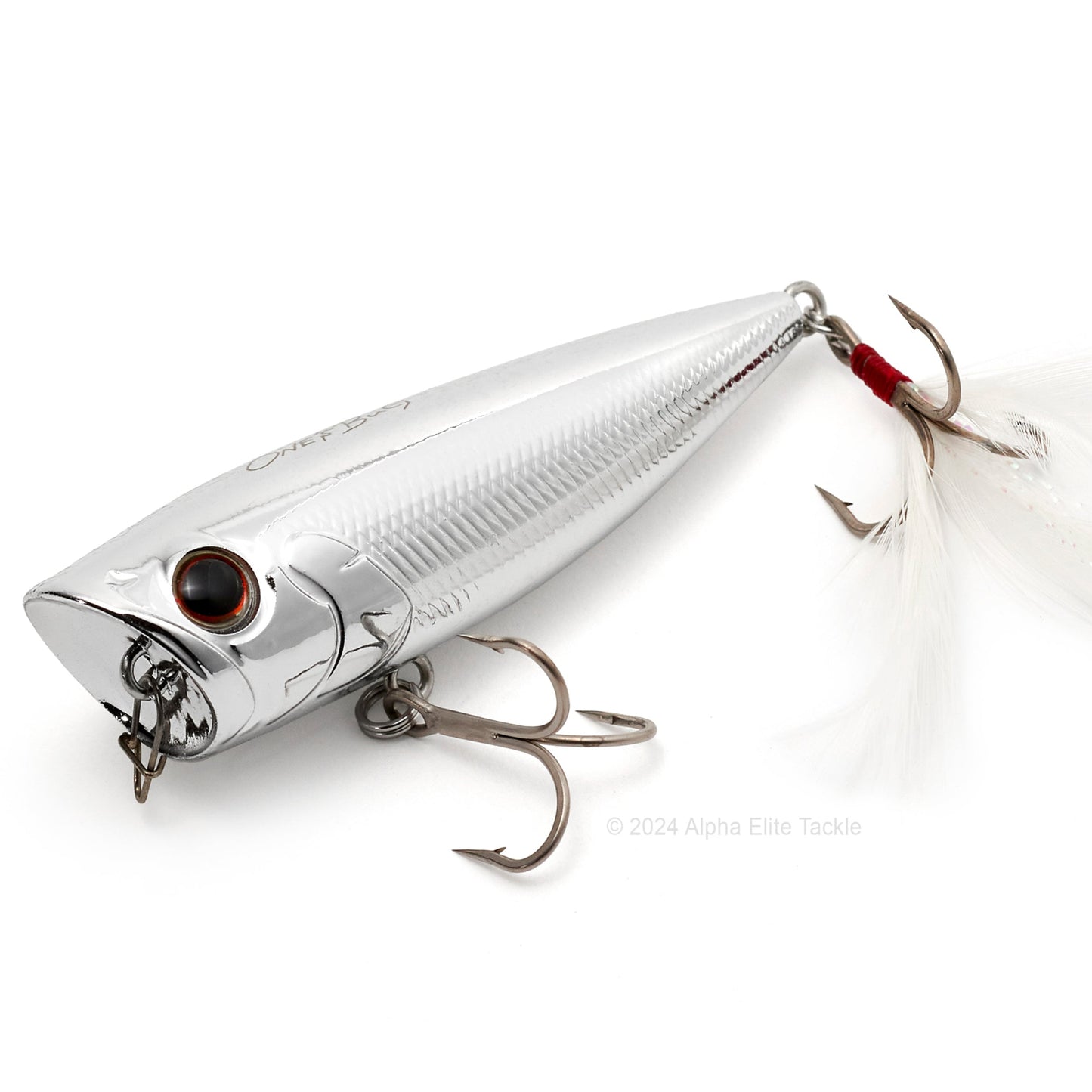 Close up of the Evergreen Ones Bug OB-68 Topwater Popper in the color Full Metal on a white background