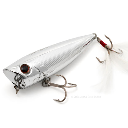 Close up of the Evergreen Ones Bug OB-68 Topwater Popper in the color Full Metal on a white background