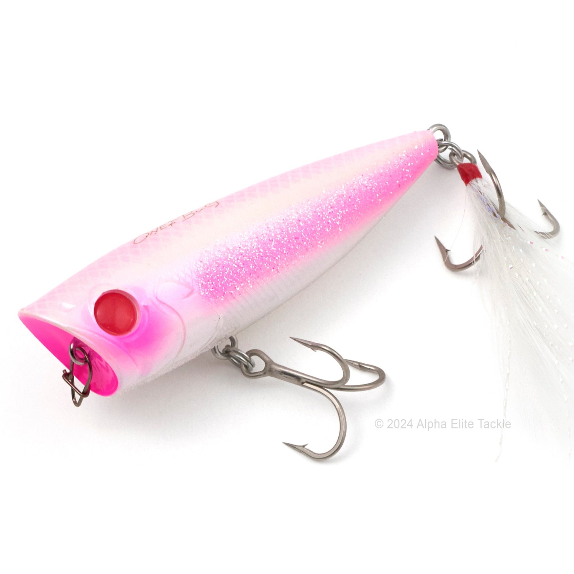 Close up of the Evergreen Ones Bug OB-68 Topwater Popper in the color Morizo Pink on a white background