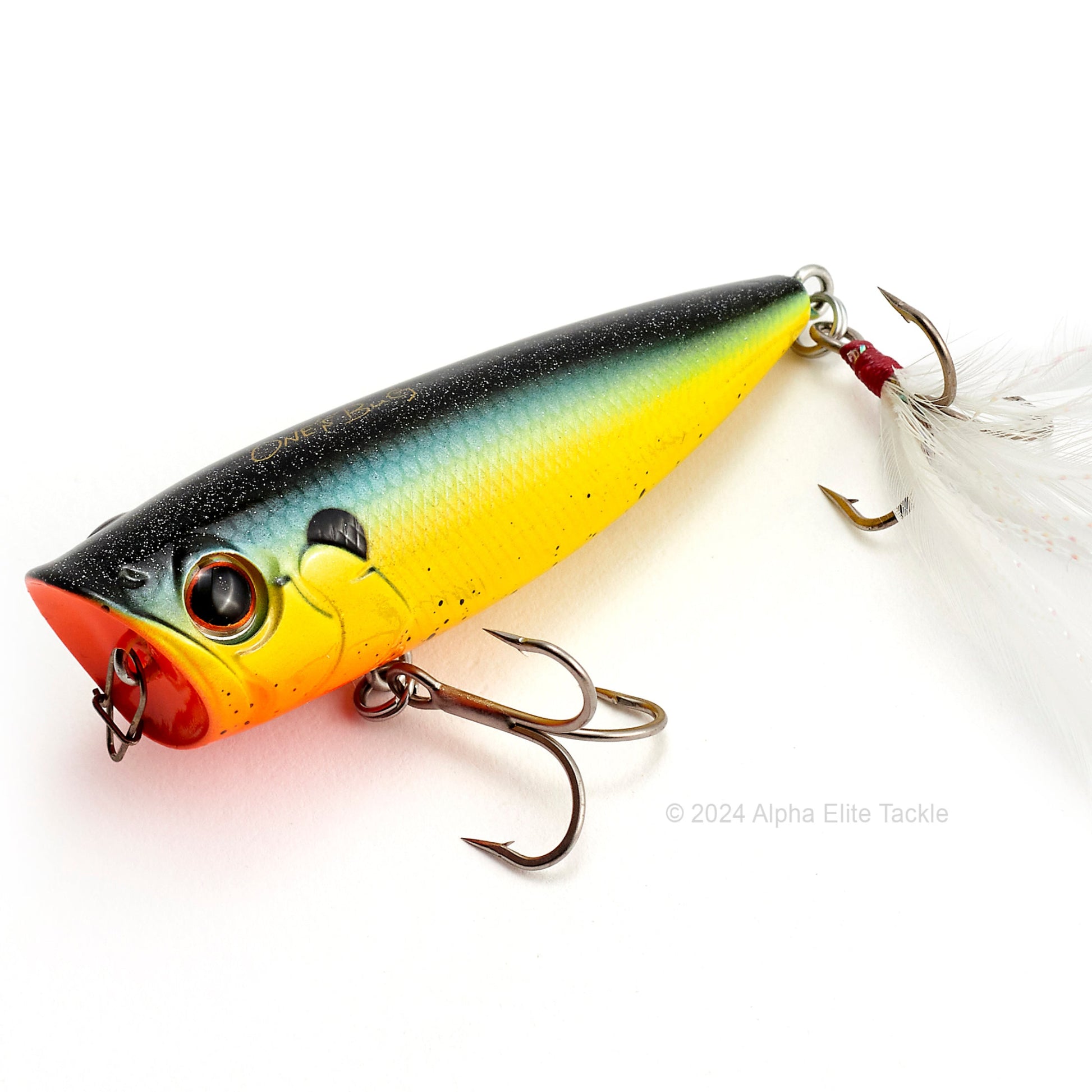 Close up of the Evergreen Ones Bug OB-68 Topwater Popper in the color Sunfish on a white background