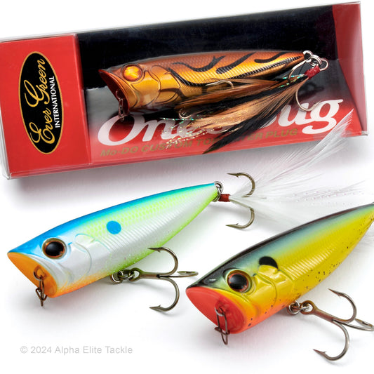 Close up of threeEvergreen Ones Bug OB-68 Topwater Poppers on a white background