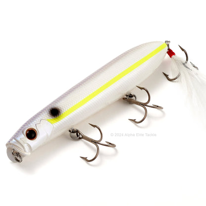Close up of the Evergreen Showerblows Shorty SB-105 Topwater in the color Chart Shad on a white background