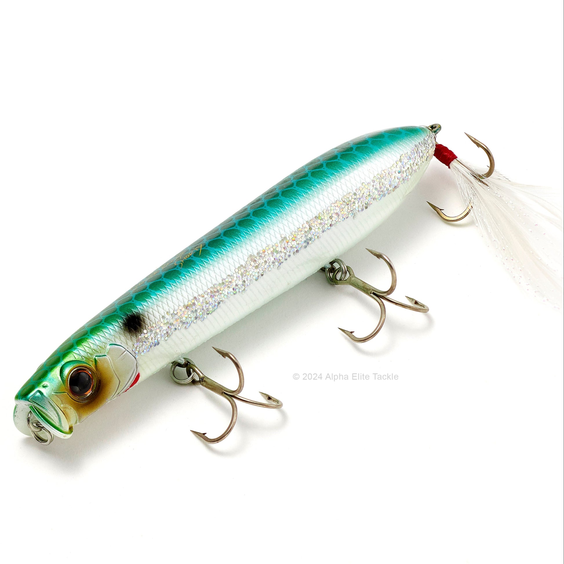 Close up of the Evergreen Showerblows Shorty SB-105 Topwater in the color Emerald Shiner on a white background