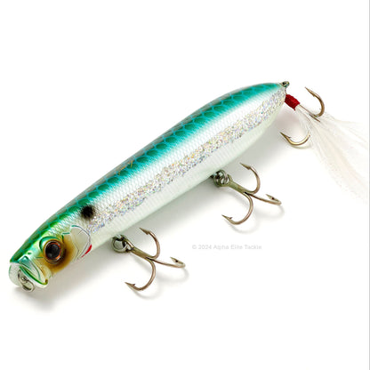 Close up of the Evergreen Showerblows Shorty SB-105 Topwater in the color Emerald Shiner on a white background