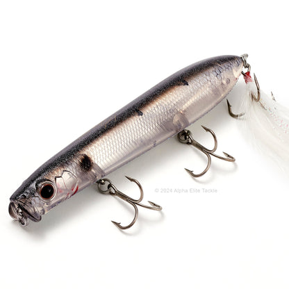 Close up of the Evergreen Showerblows Shorty SB-105 Topwater in the color Flash Silver Shad on a white background