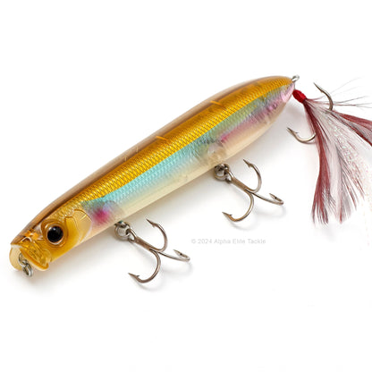 Close up of the Evergreen Showerblows Shorty SB-105 Topwater in the color Flash Wakasagi on a white background